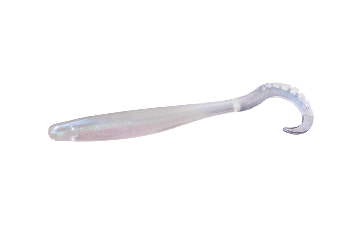 RenzStein RenzWorm 11cm mjukplast, vitt med lila, lockbete för abborre. Perfekt för fiskeresan. Visas mot vit bakgrund.