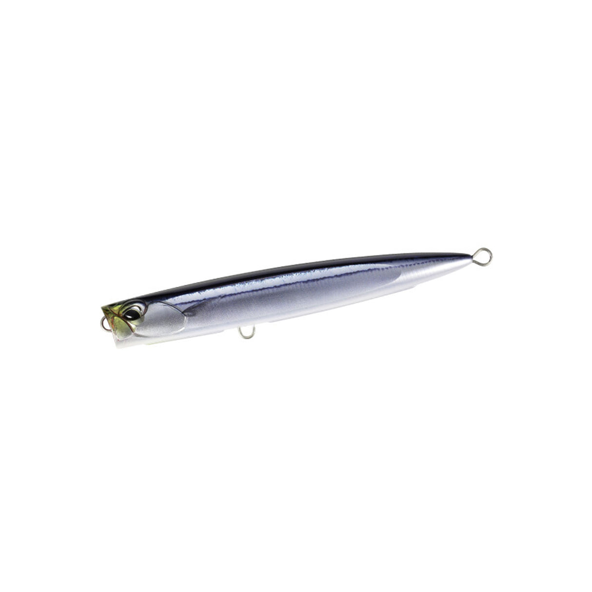 DUO Rough Trail Bubbly 225F Live Saury popper i silver och blått, perfekt för tropiskt ytfiske efter stora rovfiskar.