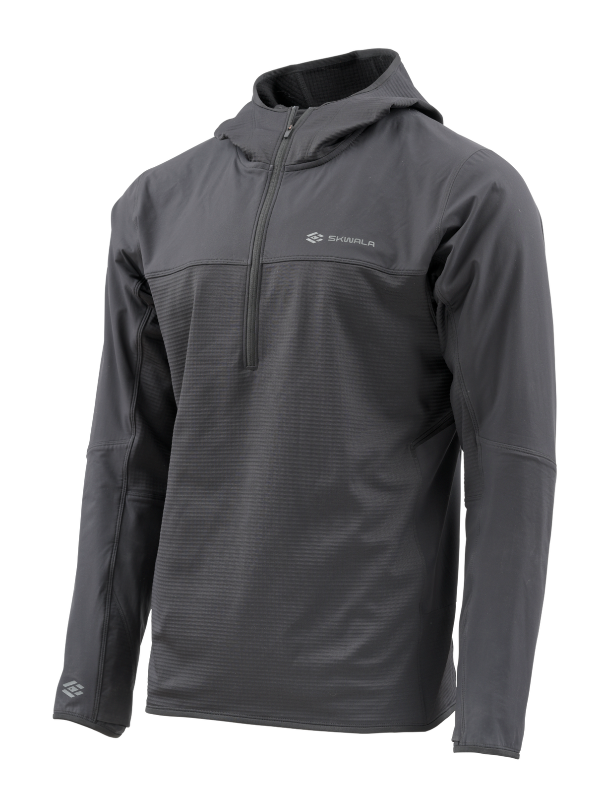 Skwala Fishing Fusion Tactical Hoody i mörkgrå fleece, halv dragkedja, huva och Shivaula-logga-perfekt för fiskeäventyr.