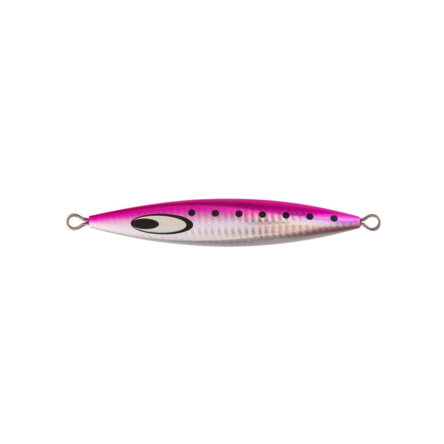 Daiwa Saltiga SK Jig 250g Pink Iwashi - långsam jigg för havsfiske, silverfärgad med rosa topp och svarta prickar.