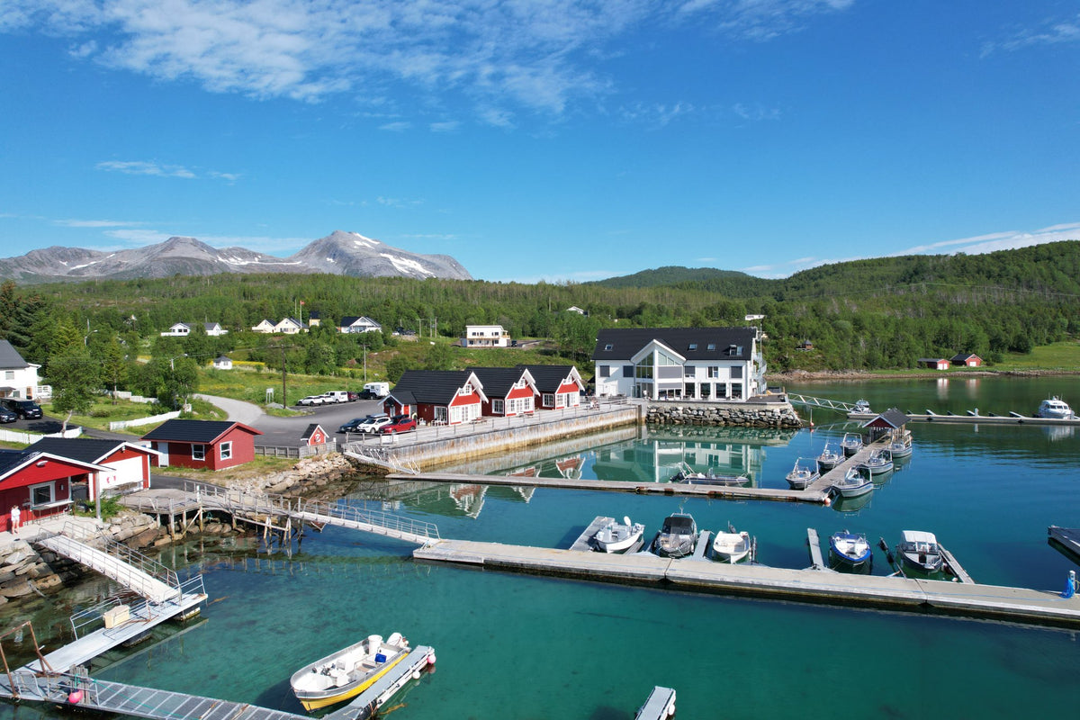 Lugn marina med småbåtar, röda och vita hus vid stranden, gröna kullar och fjäll-perfekt för sportfiskare på fiskeresa.