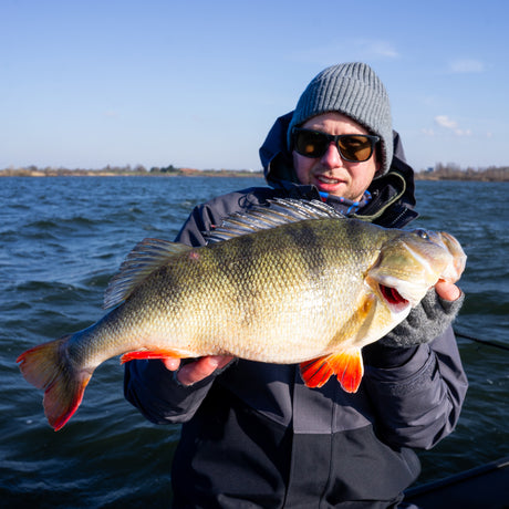 Sportfiskare på fiskeresa i Holland håller stor fisk med orange fenor på båt, omgiven av sjö och blå himmel.