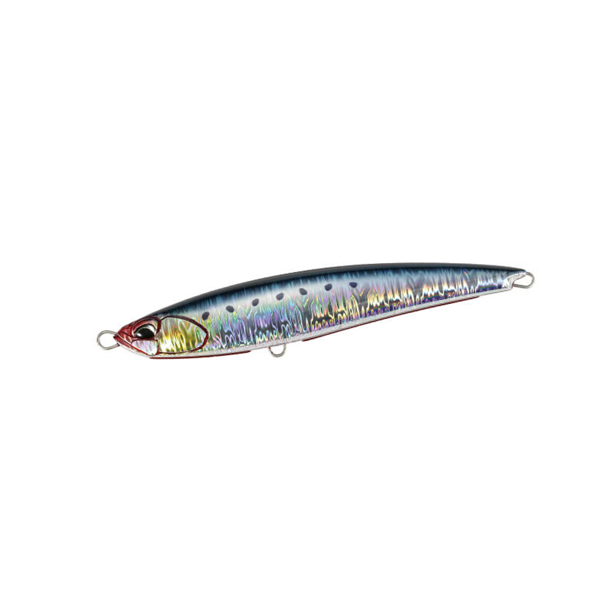 DUO Rough Trail Fumble 230F Genkai Sardine, fiskformad ytbete med glänsande kropp, svarta prickar och tre fästöglor för fiske.