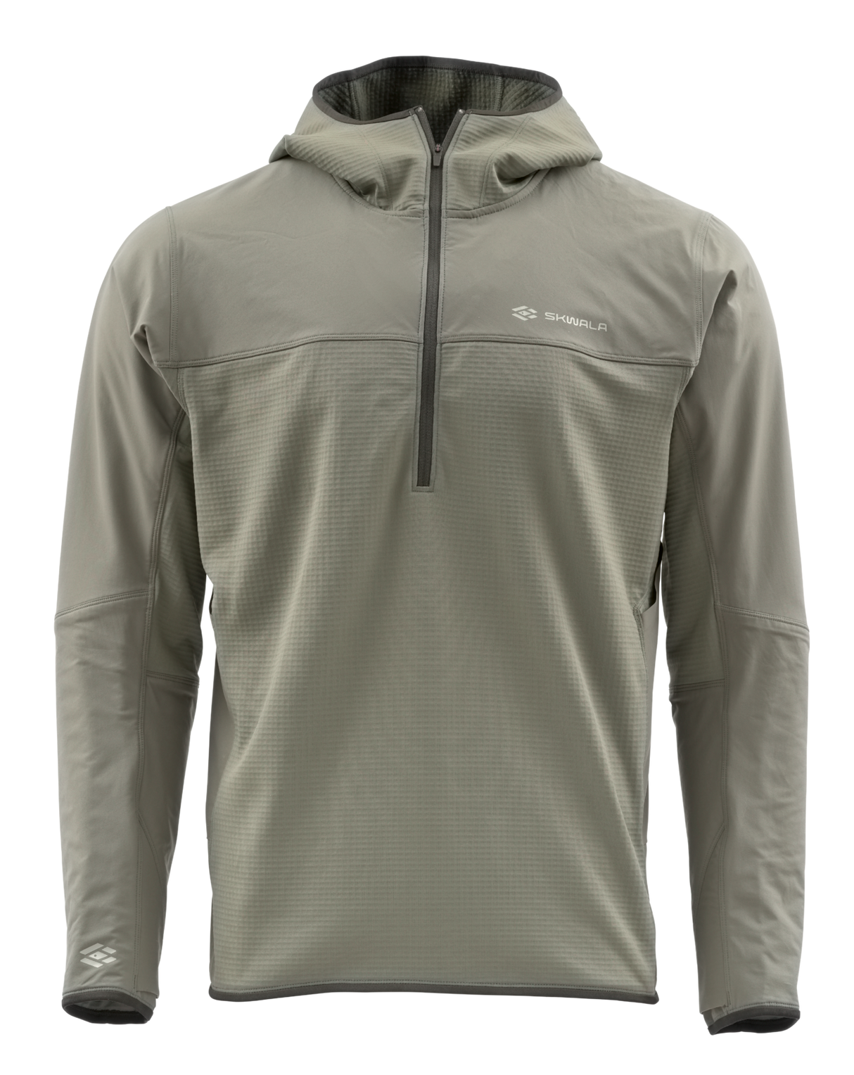 Skwala Fusion Tactical Hoody: ljusgrå fleece med dragkedja, lång ärm och diskreta logotyper. Perfekt för fiskeäventyr.