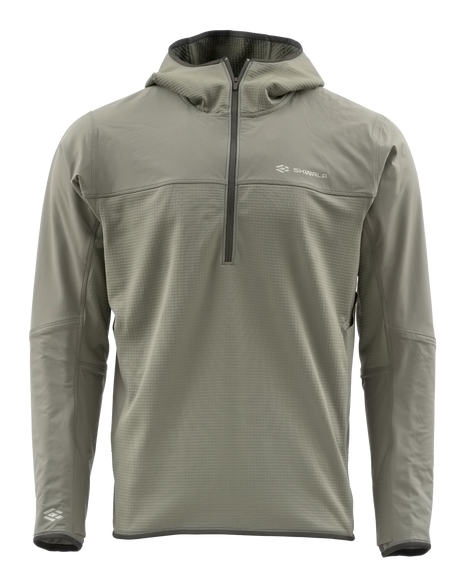 Skwala Fusion Tactical Hoody: ljusgrå fleece med dragkedja, lång ärm och diskreta logotyper. Perfekt för fiskeäventyr.