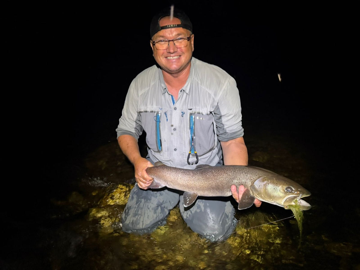 Fliegenfischer kniet im Fluss mit einem im Dunkeln in Montenegro auf Streamer gefangenen Hucho hucho (Huchen)